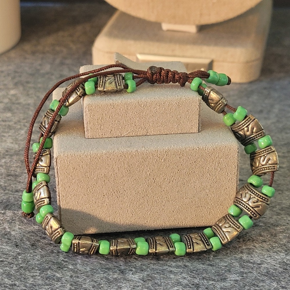 Green Seed Bead Tibetan Style Alloy Tube Macrame Bracelet 7.5in Boho